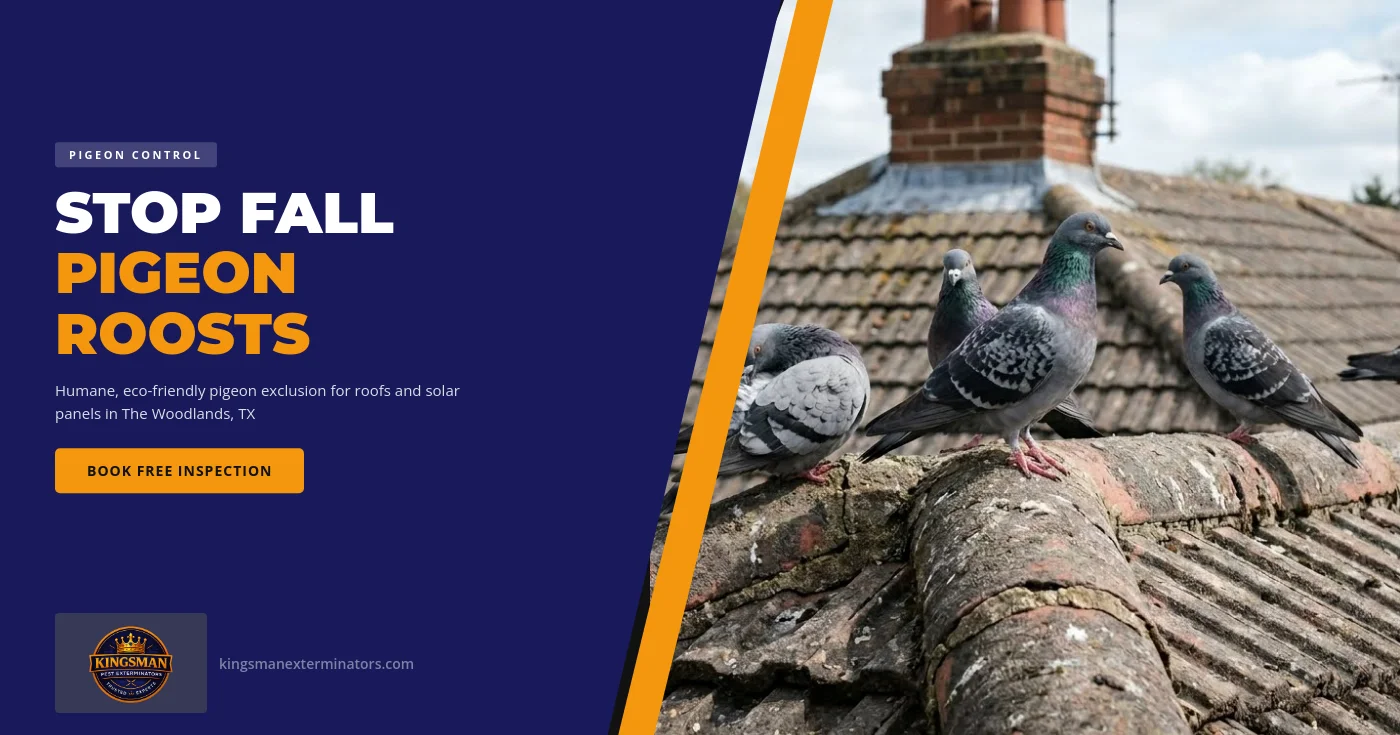 Pigeons perched along the roof ridge and the edge of rooftop solar panels on a home in The Woodlands, Texas.